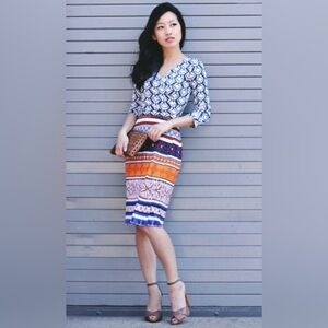 Diane Von Furstenberg Blue, Orange and White Printed Wrap Midi Dress
